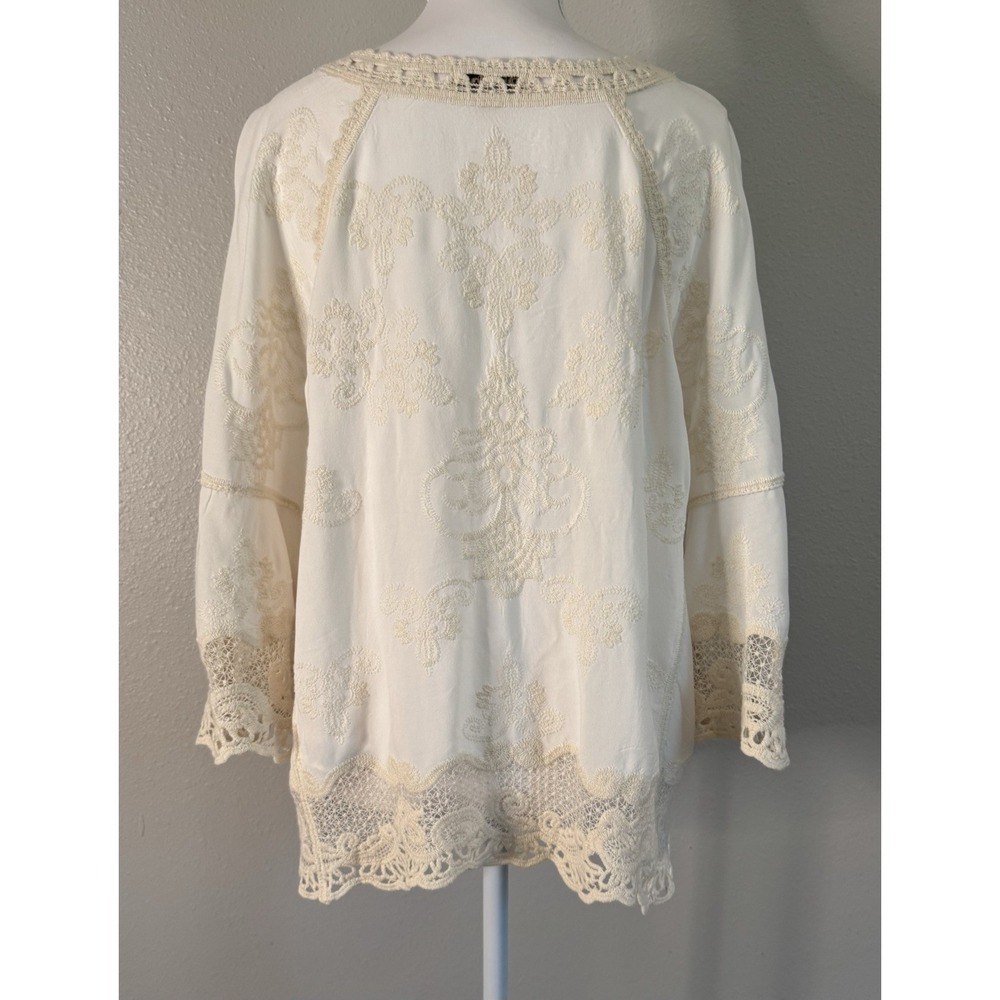 Democracy Embroidered Rayon Boho Peasant Top Crochet Lace Bell Sleeve L - Picture 7 of 10